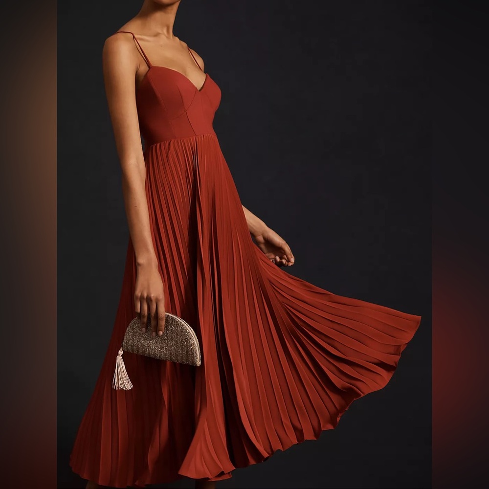 Anthropologie Terracotta Red Pleated Maxi Dress, Small
